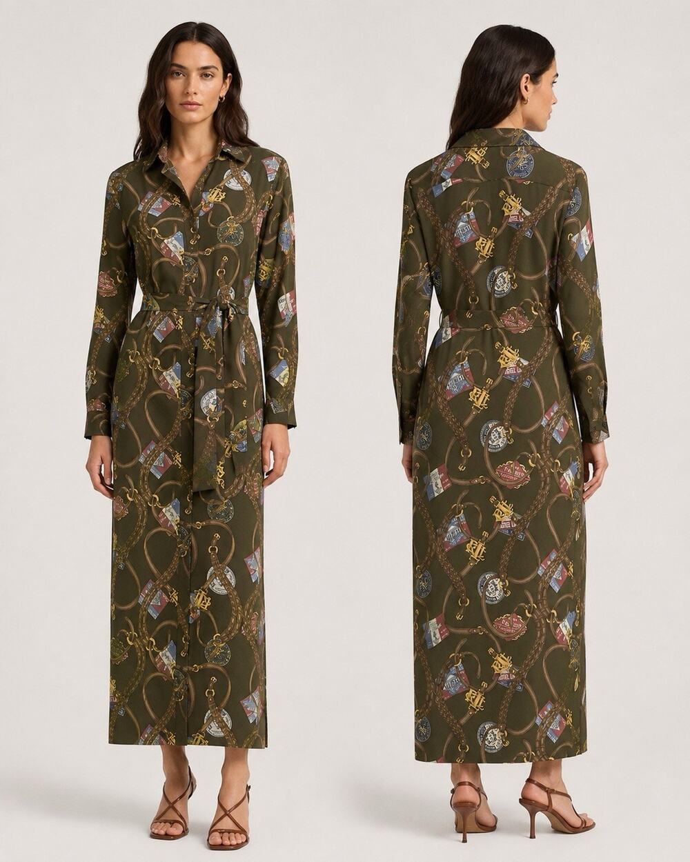 Lauren Ralph Lauren Belting Print Crepe Shirtdress SZ 4 Farm Olive Equestrian